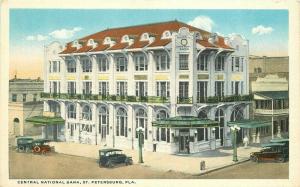 Autos Central National Bank St Petersburg Florida 1920s Postcard Teich 1644