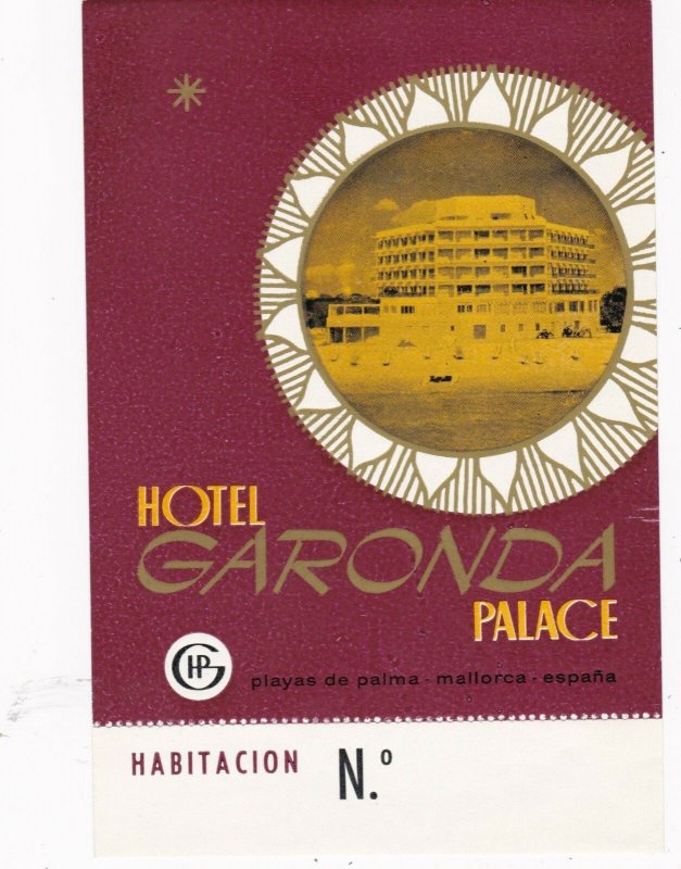 Spain Playas De Palma Mallorca Hotel Garonda Palace Vintage Luggage Label sk2440