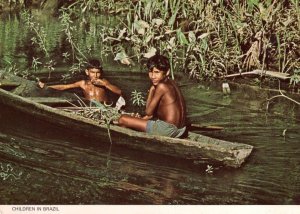 Children In Brazil Canoe Boat 1980s Oxfam Postcard