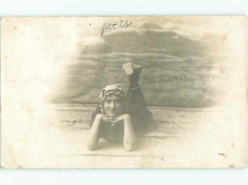 rppc 1916 WOMAN IN VINTAGE SWIMSUIT TRYING TO BE SEXY AC8150