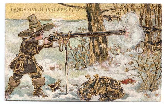Pilgrim Turkey Hunter Thanksgiving n Olden Days Embossed Gilt Vntg Postcard 1908 | Topics - Holidays & Celebrations - Thanksgiving, Postcard / HipPostcard