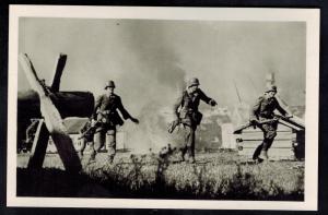 Mint WW2 RPPC Postcard Germany Army Wehrmacht Infantry Running Past Burning huts