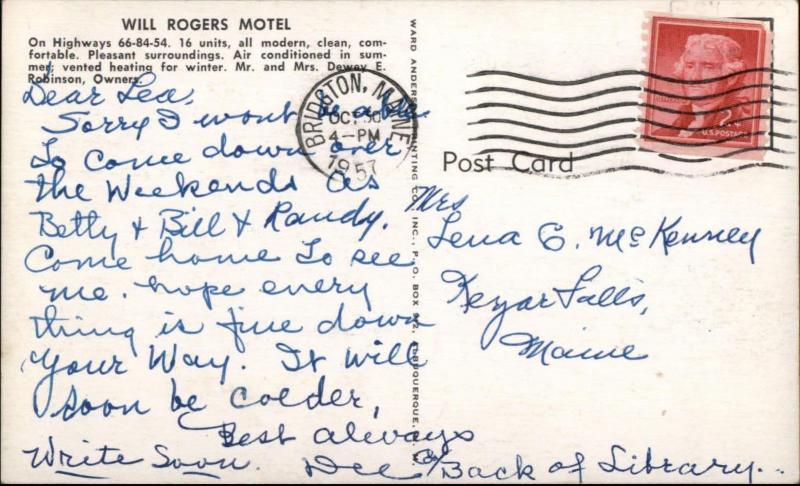 Santa Rosa NM Will Rogers Motel Route 66 84 54 1950s Postcard 