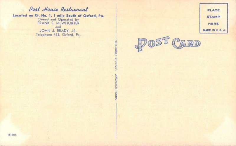 Oxford Pennsylvania Post House Restaurant Linen Vintage Postcard AA44118