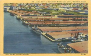 Galveston Texas TX Harbor and Docks Aerial View Linen Postcard Unused