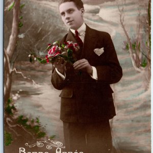 c1900s French Handsome Young Man RPPC Happy New Year Furia Colored Photo A149