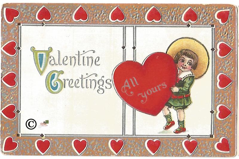 Valentine Greetings Postcard Vintage Valentine's Day Card Little Boy Red Heart