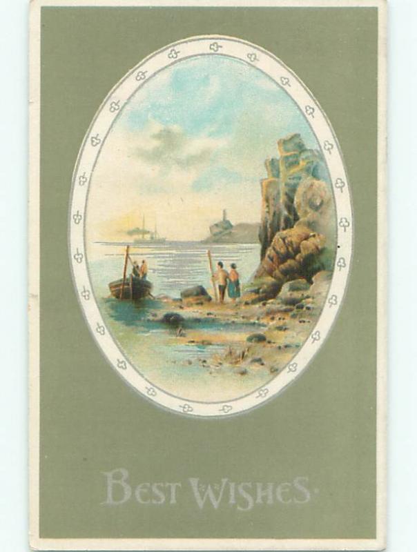 Pre-Linen NAUTICAL THEME - SMALL BOAT ALONG ROCKY COASTLINE k7562