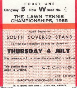 Ticket Stub , Wimbledon , The Lawn Tennis Championships , 1985 , South Covere...