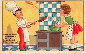 Boy Chef And Girl Vintage Postcard C187