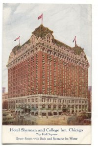 Postcard Hotel Sherman and College Inn Chicago City Hall Square IL