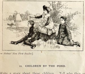1878 Print Children By The Pond Lessons In English 6 x 4.75 Antique