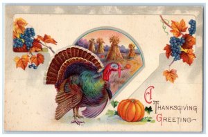 1933 Thanksgiving Greetings Turkey Pumpkin And Grapes Wheat Filed Postcard