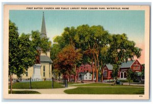 c1940's First Baptist Church and Public Library Waterville ME Postcard 