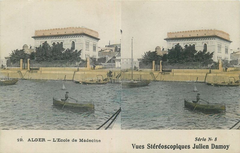 Postcard Stereo view Algeria ethnic life Alger Medicine ecole