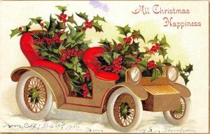 ALL CHRISTMAS HAPPINESS Old Car, Holly Leaves Greetings 1908 Vintage Postcard