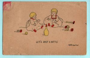 Let's Split A Bottle Babies With Bottle, Toys  by Grace Harlow 1908 Postcard