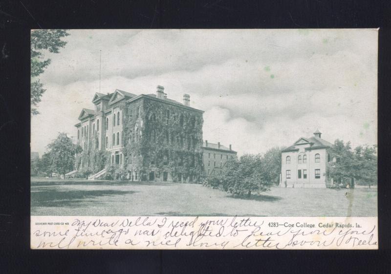 CEDAR RAPIDS IOWA COE COLLEGE ANTIQUE VINTAGE POSTCARD DAVENPORT IA 1907