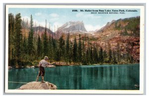 Postcard CO Mt. Hallet From Bear Lake Estes Park Colorado Fisherman Fly Fishing