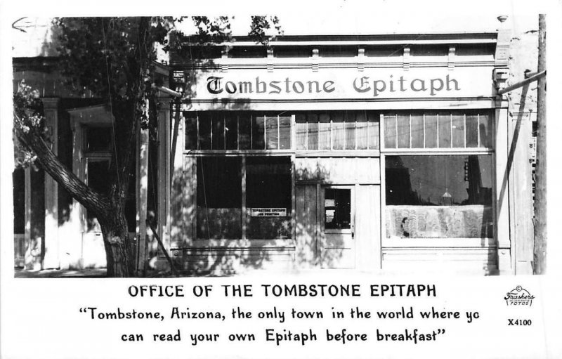 RPPC TOMBSTONE EPITAPH TOMBSTONE ARIZONA REAL PHOTO POSTCARD (c. 1930s)