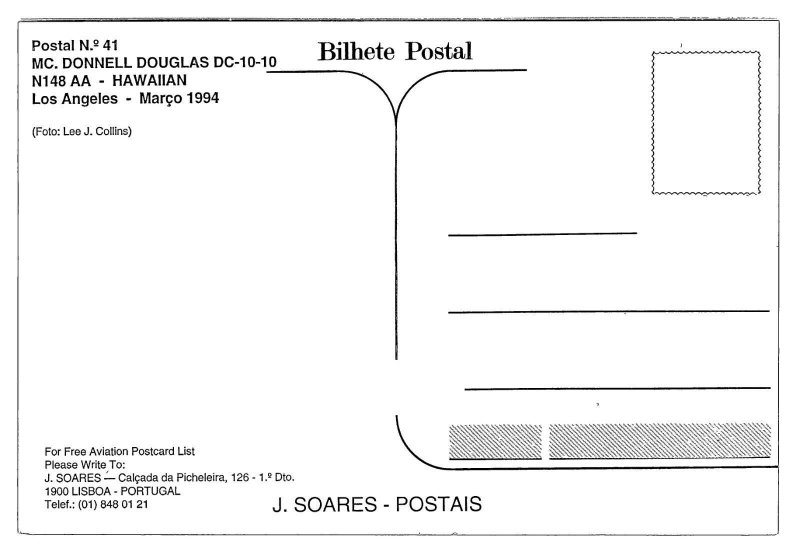 Hawaiian McDonnell Douglas DC-10-10 N148 AA Airline Aircraft Postcard