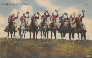 THE WEST BEGINS IN TEXAS COWBOYS TIPPING HATS IN GREETING POSTCARD (c. 1940s)