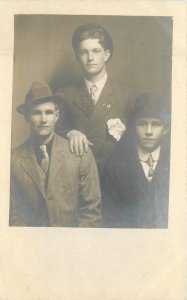 C-1910 Three Friendly Men group studios photo RPPC Photo Postcard 22-9119