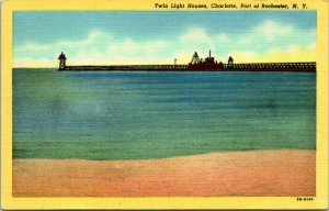 Vtg LInen Postcard CHARLOTTE NY New York TWIN LIGHT HOUSES Port of Rochester UNP