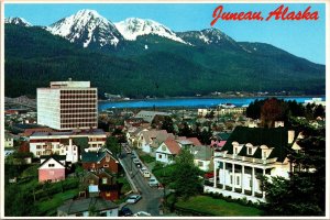 CONTINENTAL SIZE POSTCARD ELEVATED VIEW OF DOWNTOWN JUNEAU ALASKA