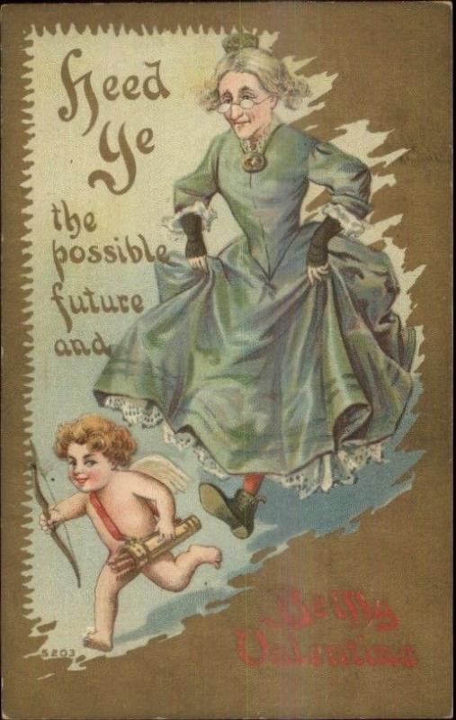 Valentine - Old Woman Chasing Cupid c1910 Postcard