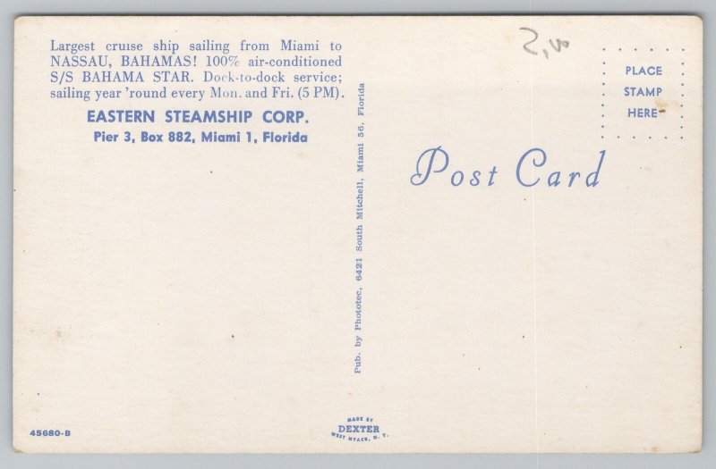 Ship~Eastern Steamship Corp~Bahama Star Cruise Ship~Vintage Postcard 