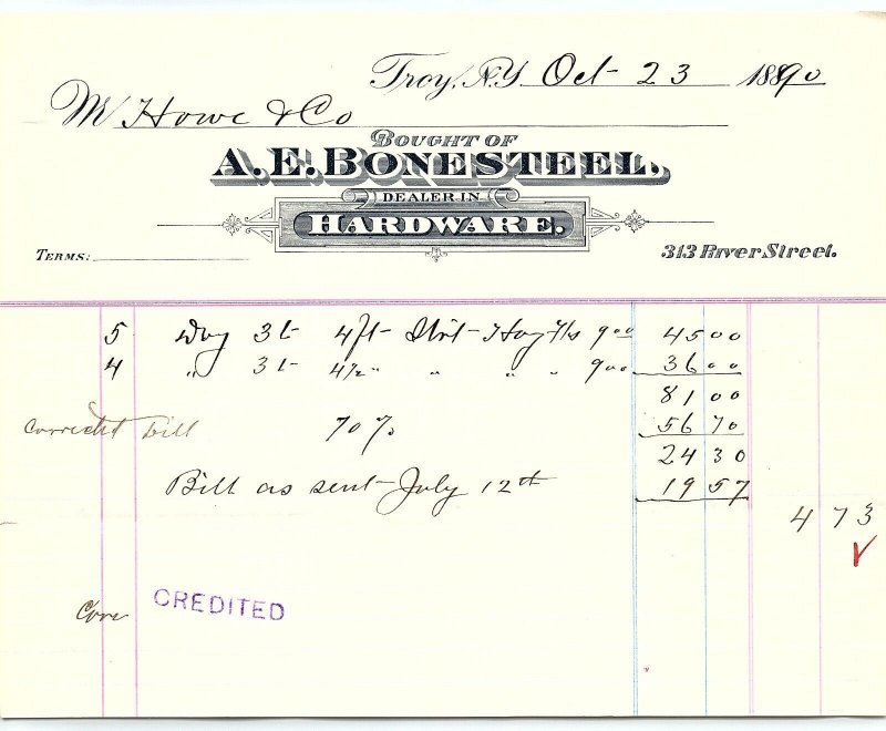 1890 TROY NY  A.E. BONESTEEL HARDWARE 313 RIVER ST  BILLHEAD INVOICE Z1732