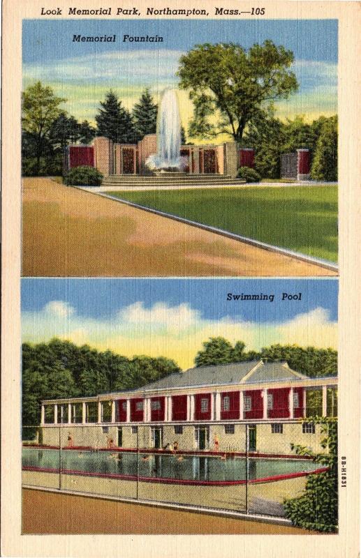 Look Memorial Park, Northampton MA Swimming Pool, Fountain Vintage Postcard K01