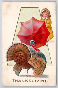 Thanksgiving Greetings Girl Red Umbrella Large Turkey Postcard K29