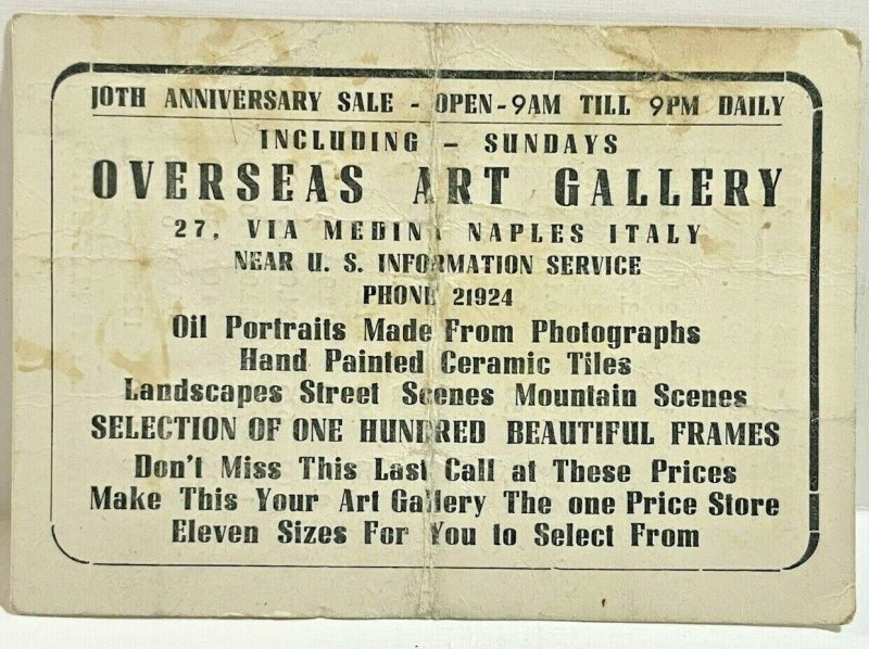 Naples Italy Overseas Art Gallery Business Card Anniversary Sale Vintage Ad