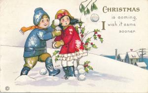 Christmas Greetings - Children throwing Snowballs - a/s M.E.P. - pm 1915 - DB