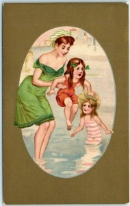 M-36343 Mother and her Daughters swimming Scene Art Print Greeting Card