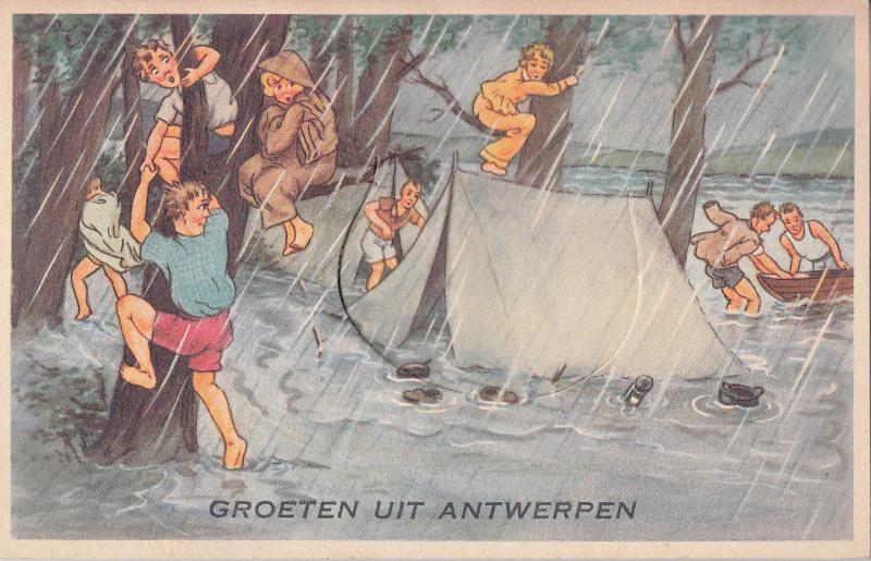 BELGIUM GREETINGS FROM ANTWERP BAD WEATHER WATER TENT RAIN HUMOUR CAMPING CARD