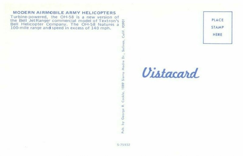 United States Army OH 58 helicopter Military Postcard