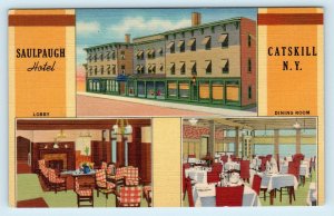 CATSKILL, NY New York ~ SAULPAUGH HOTEL c1940s Roadside Linen Multiview Postcard
