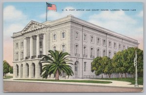 Linen~US Post Office & Court House~Laredo TX~Trees~Corner View~Flag @ Top~Vtg PC