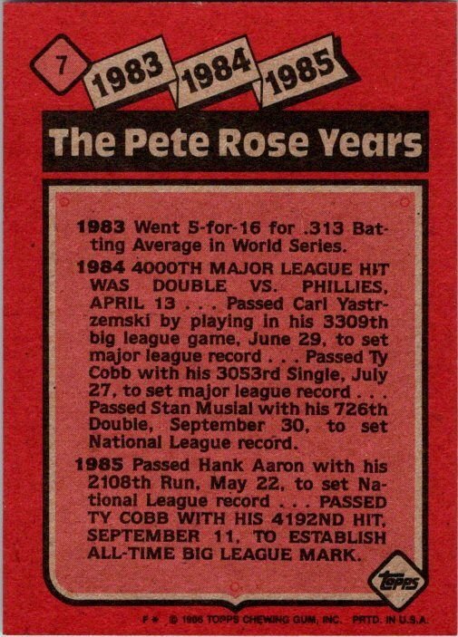 1986 Topps Baseball Card Pete Rose sk10651