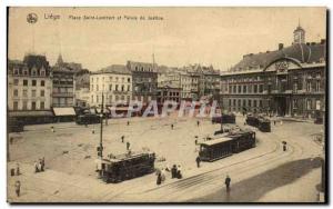 Old Postcard Liege Place St. Lambert and courthouse Trams