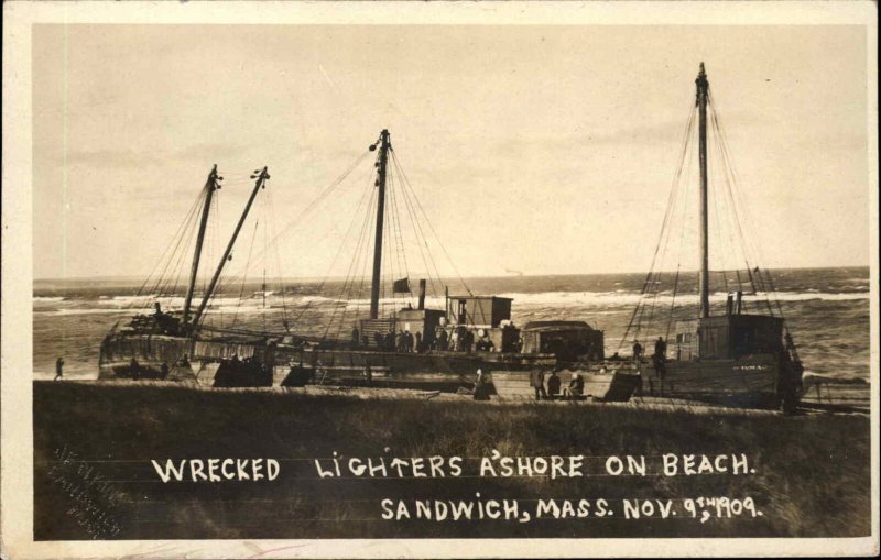 Sandwich Cape Cod MA Wrecked Ships Lighters on Beach 1909 Real Photo Postcard