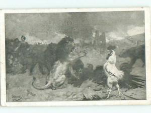 foreign c1910 Postcard signed GIANT ROOSTER STANDING UP BESIDE LION AC3647