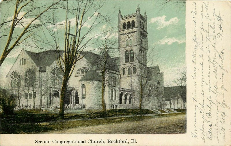 c1907 Postcard, Rockford IL 2nd Congregational Church, Advertising Mead & Co.