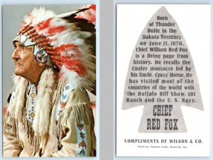Native American CHIEF WILLIAM RED FOX ~ Compliments WILSON & CO. 1960s Postcard