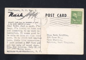 1950 NASH AIRFLYTE CAR DEALER ADVERTISING POSTCARD CHADBOURN NORTH CAROLINA NC