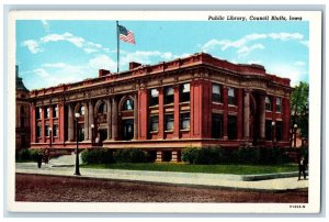 Council Bluffs Iowa IA Postcard Public Library US Flag on Top c1930's