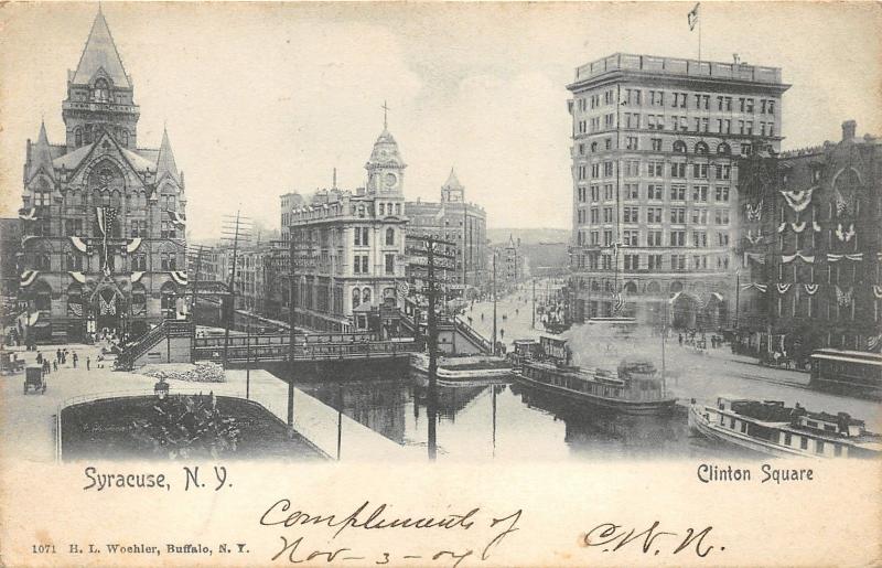 Syracuse New York~Clinton Square~Ships on Canal @ Bridge~1904 B&W Postcard